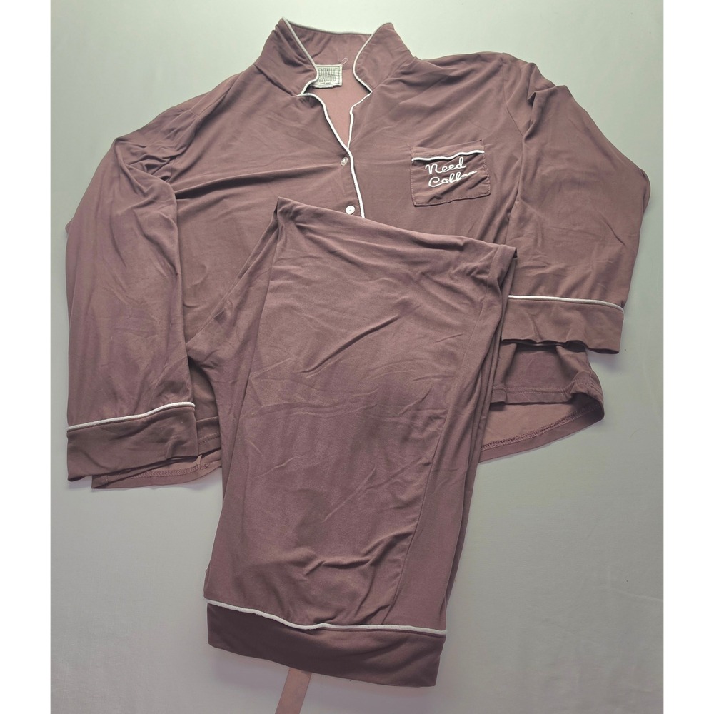 Mentally Exhausted Need Coffee Pajama Set Mauve Brown Long Sleeve Large